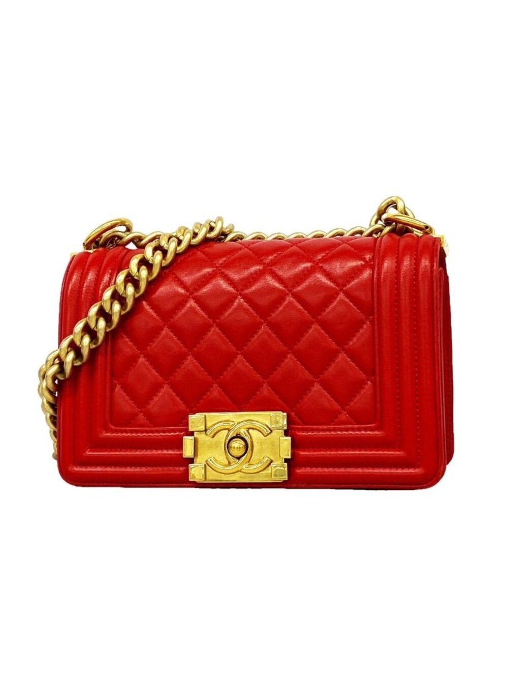 Chanel Shoulder Bag Boy Lambskin Red Gold